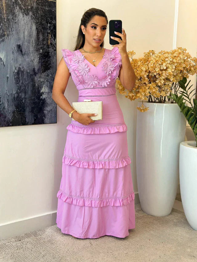 Vestido tricoline | Gola V detalhes no busto
